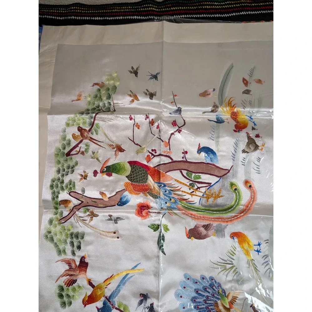 Chinese Silk Embroidered Wall Tapestry Colorful Birds Flowers Tree Nature 27x51